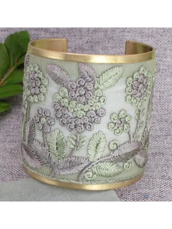 Handmade Jewelry - Vintage Inspired Cottage Core Cool Grey and Soft Mint Floral Embroidered Fabric